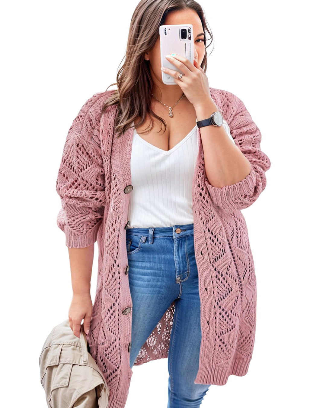Pink Open Knit Button-Up Plus Size Cardigan - 3X