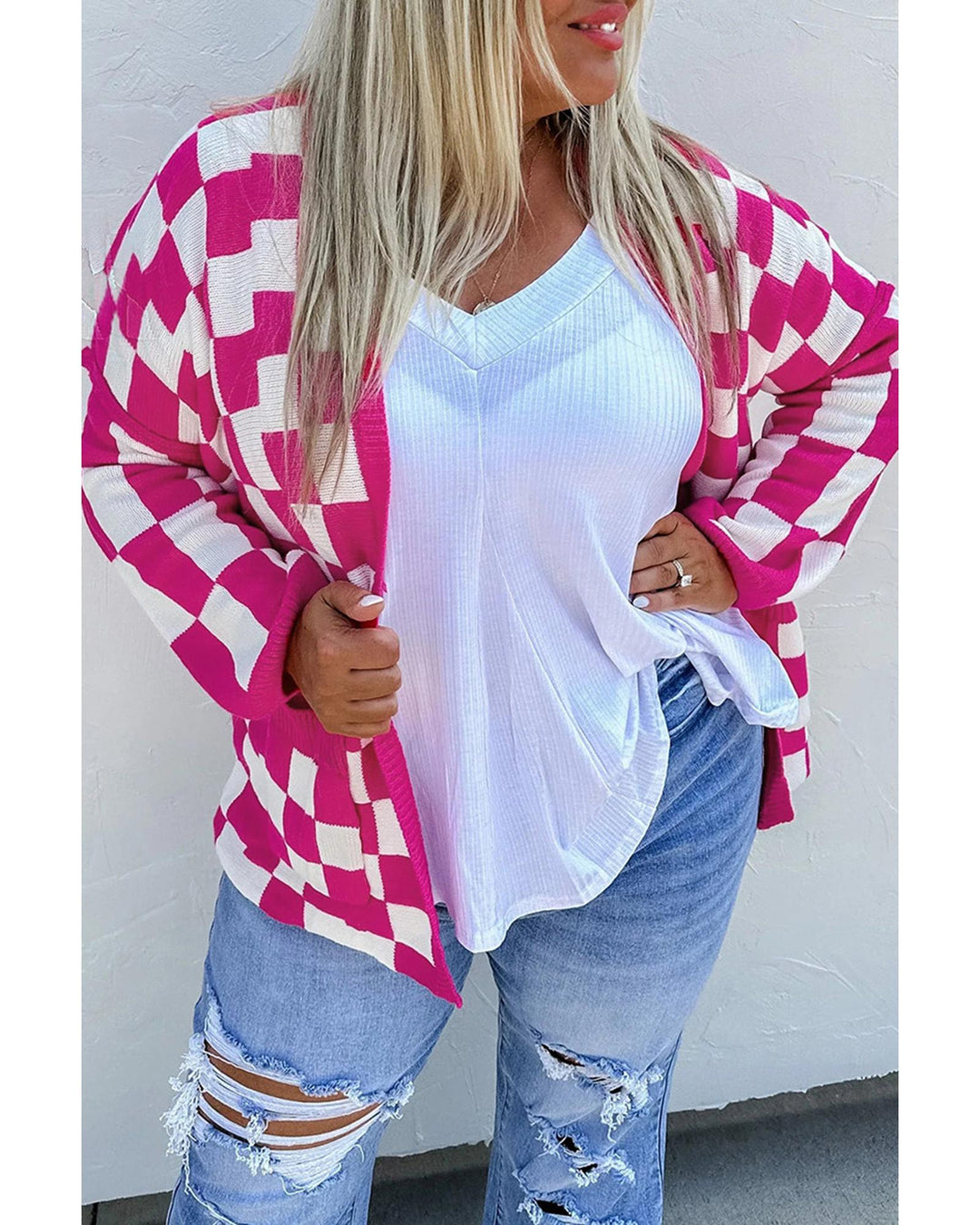 Bonbon Checkered Pattern Open Front Plus Size Cardigan - 3X