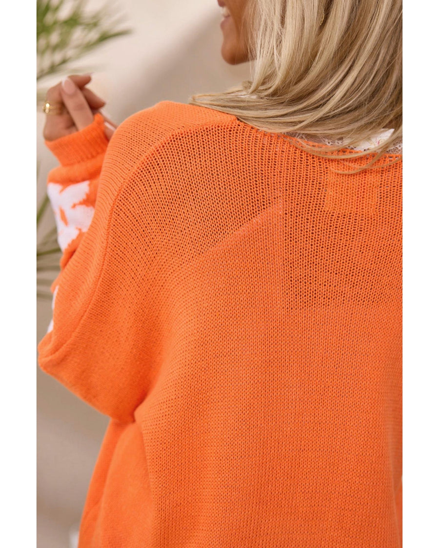 Orange Flower Pattern Drop Shoulder Plus Size Cardigan - 2X
