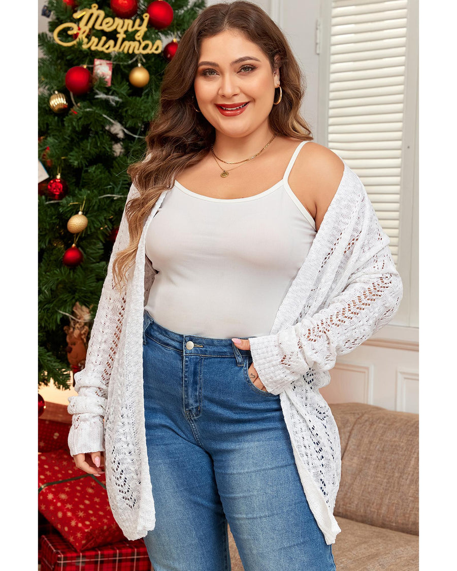 White Plus Size Eyelet Knit Open Front Cardigan - 1X