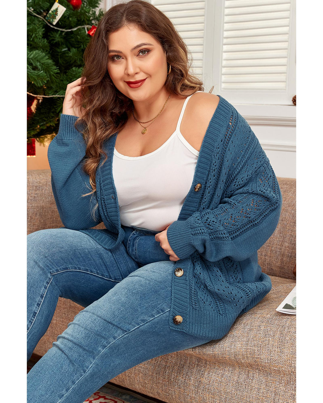 Real Teal Open Knit V Neck Button Front Drop Shoulder Plus Size Cardigan - 2X