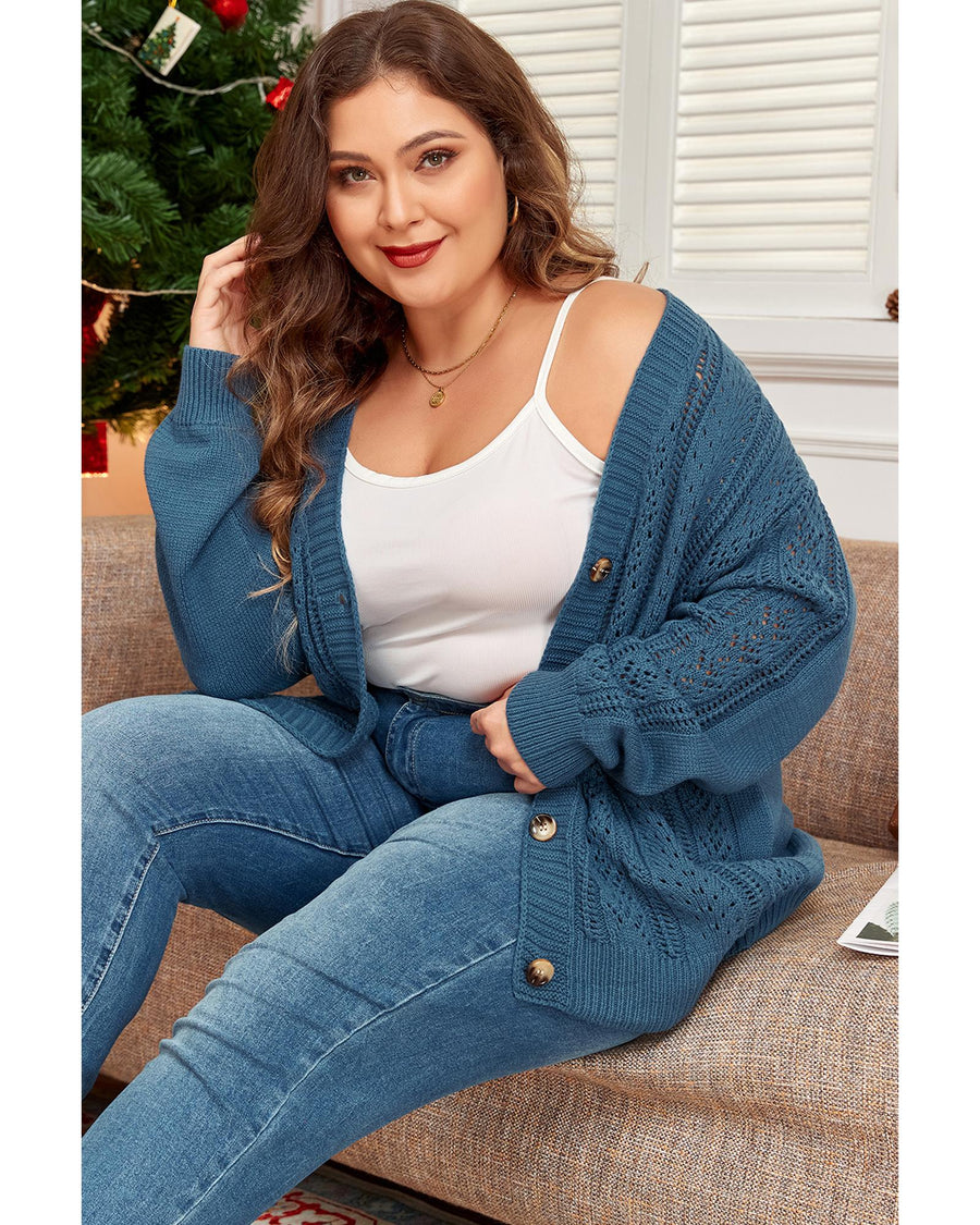 Real Teal Open Knit V Neck Button Front Drop Shoulder Plus Size Cardigan - 4X