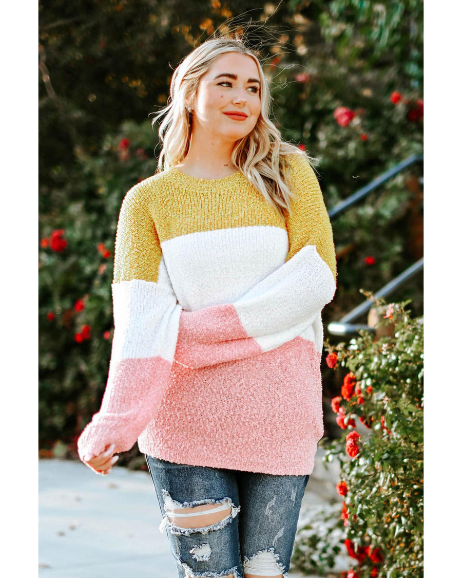 Yellow Colorblock Bubble Sleeve Plus Size Sweater - 1X