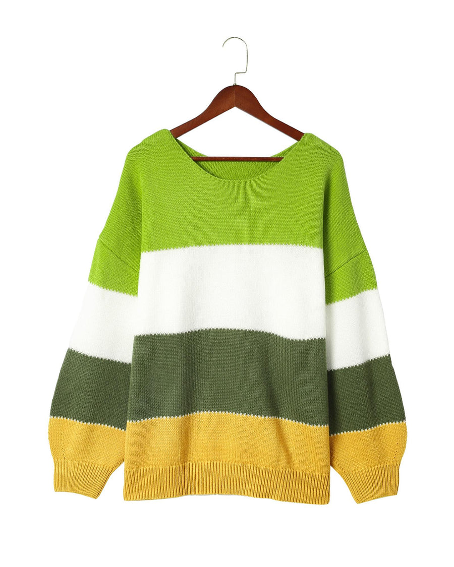 Green Plus Size Color Block Patchwork Sweater - 2X