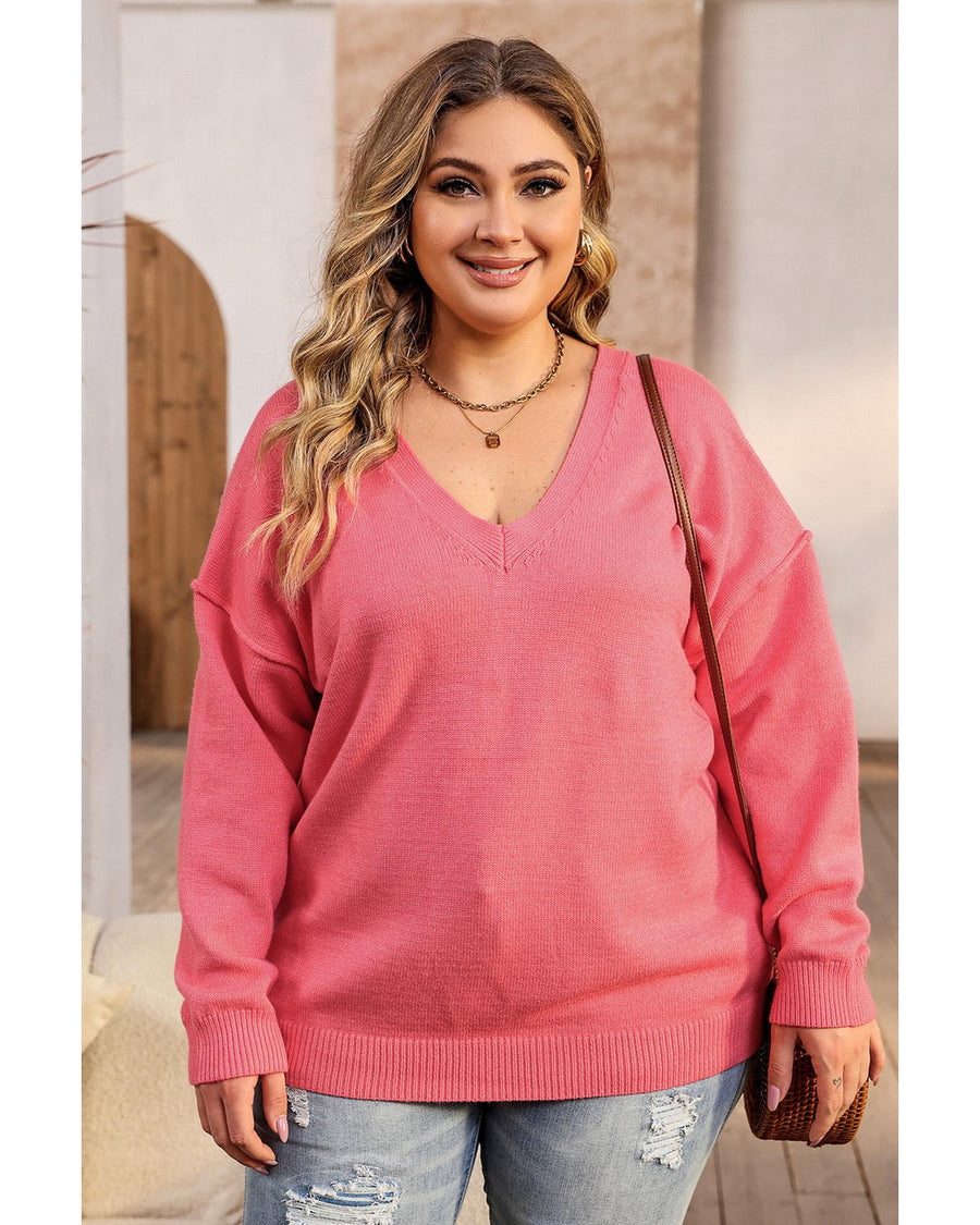 Pink Plus Size Drop Shoulder V Neck Sweater - 2X