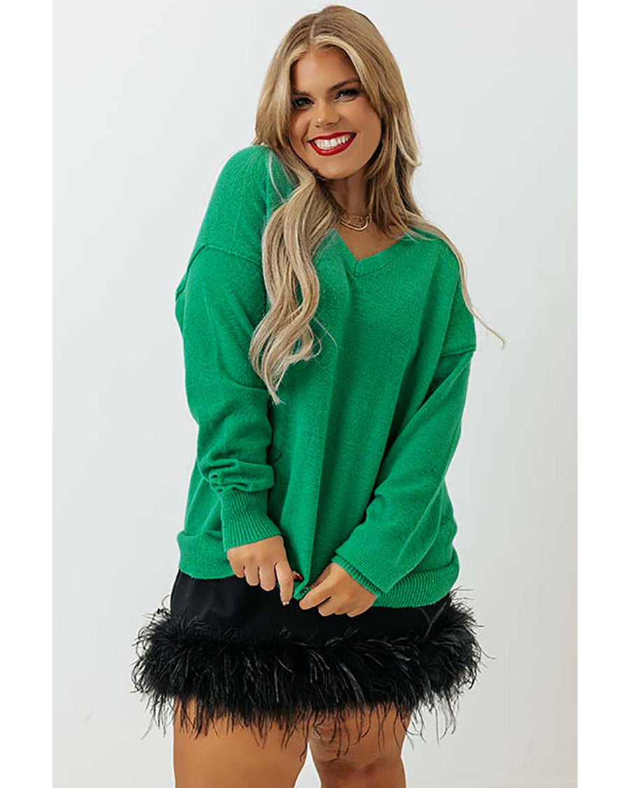 Green Plus Size Drop Shoulder V Neck Sweater - 2X