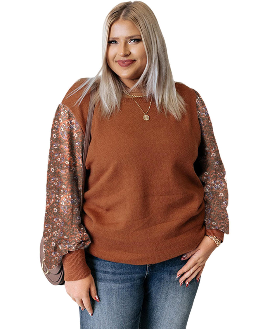 Brown Plus Size Printed Splicing Sleeve Ribbed Trim Sweater - 1X