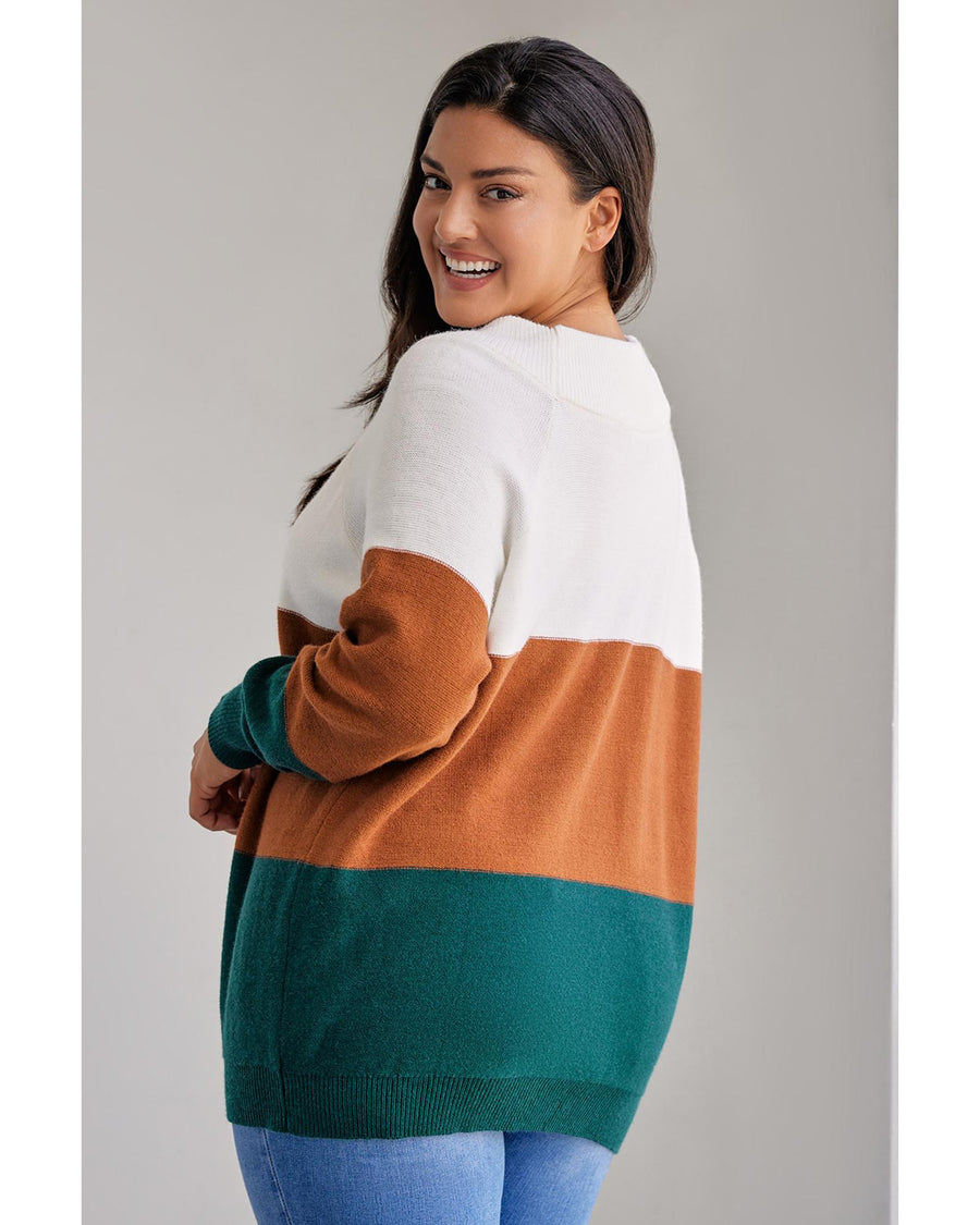 Brown Plus Size Ribbed Trim Color Block Sweater - 1X