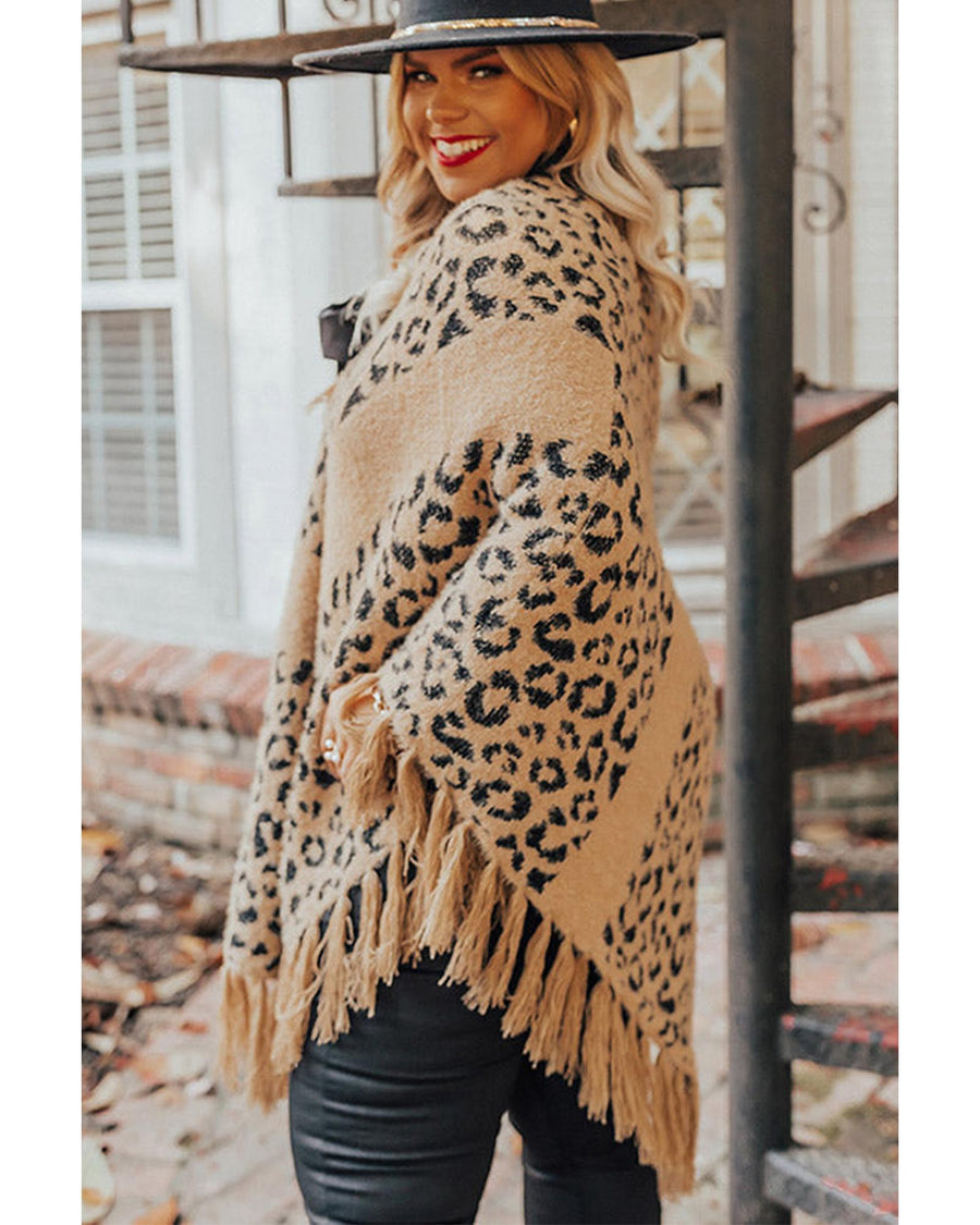Leopard Plus Size Tasseled Hem Draped Poncho - One Size