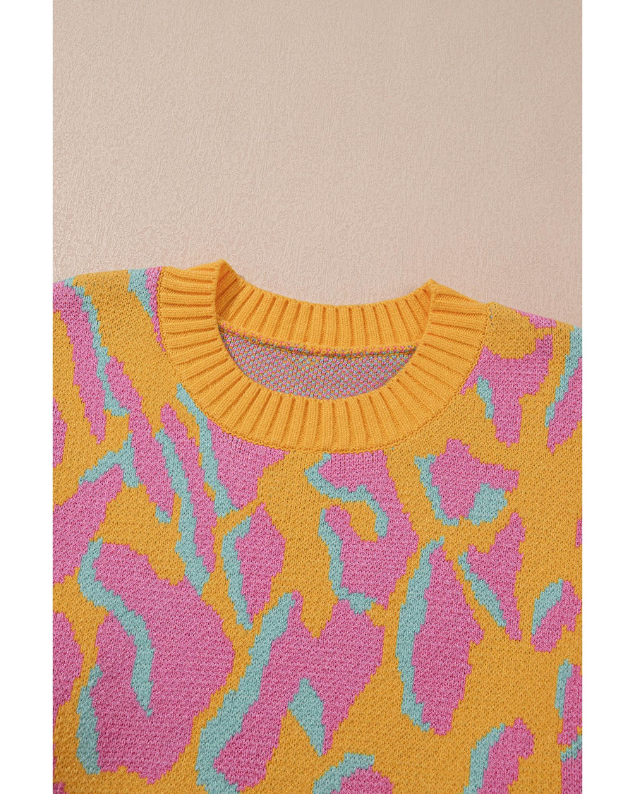 Bright Pink Plus Size Leopard Ribbed Trim Sweater - 2X