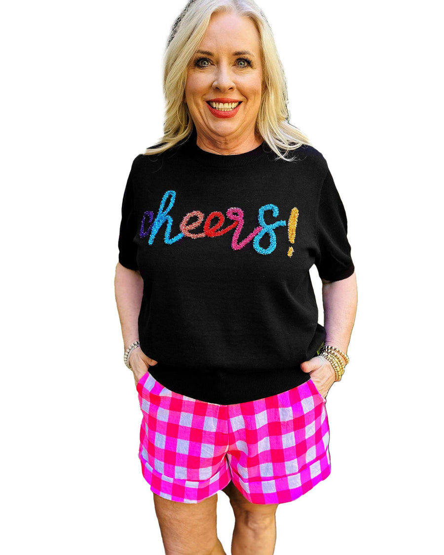 Black Plus Size Cheers Glitter Tinsel Short Sleeve Sweater - 1X