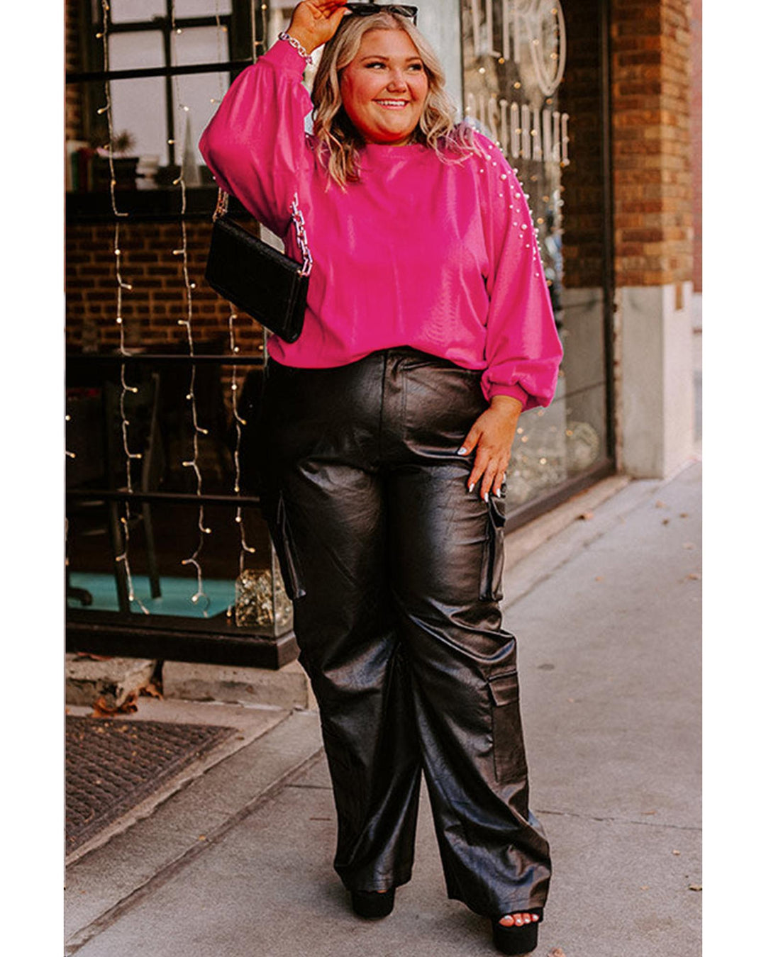 Strawberry Pink Pearled Decor Raglan Sleeve Plus Size Sweater - 1X