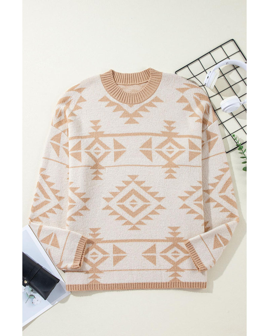 Apricot Plus Size Western Aztec Print Loose Sweater - 2X