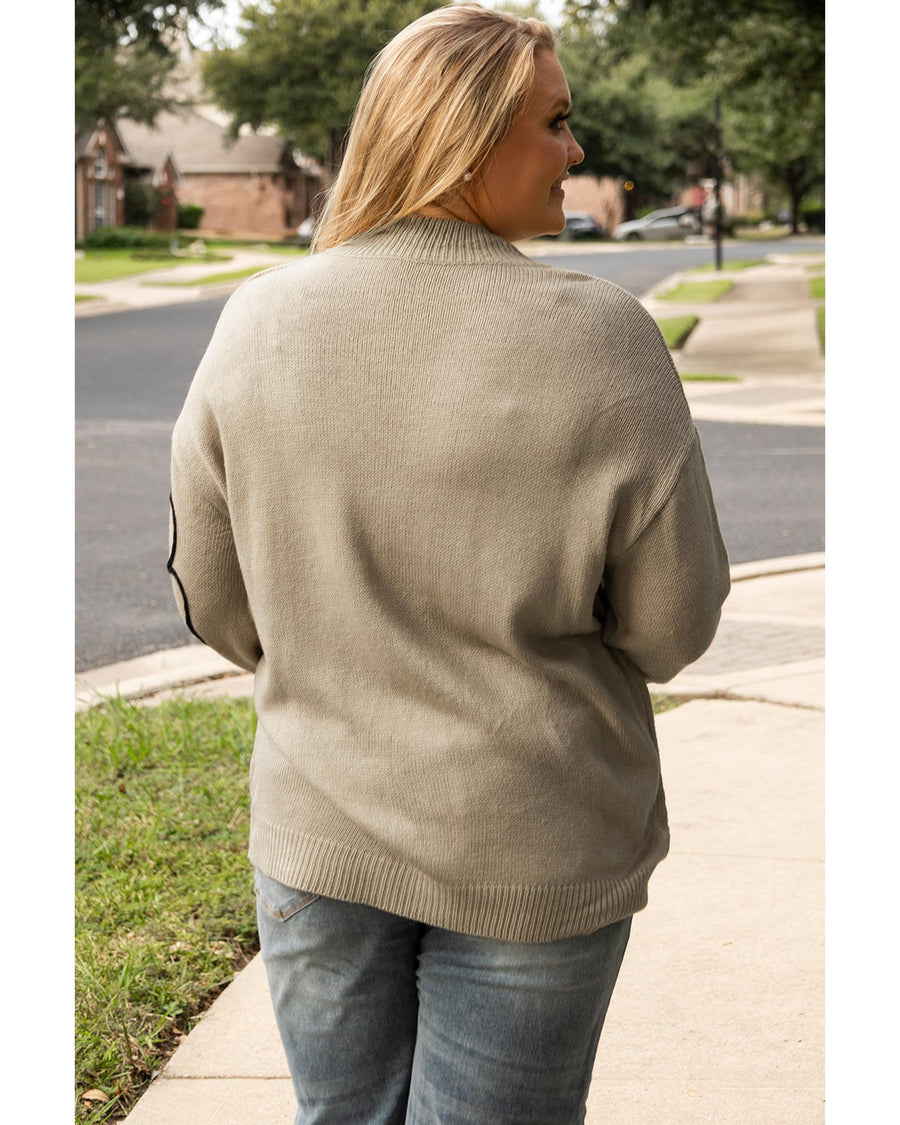Dark Khaki Plus Size Big Flower Pattern High Neck Drop Shoulder Sweater - 1X