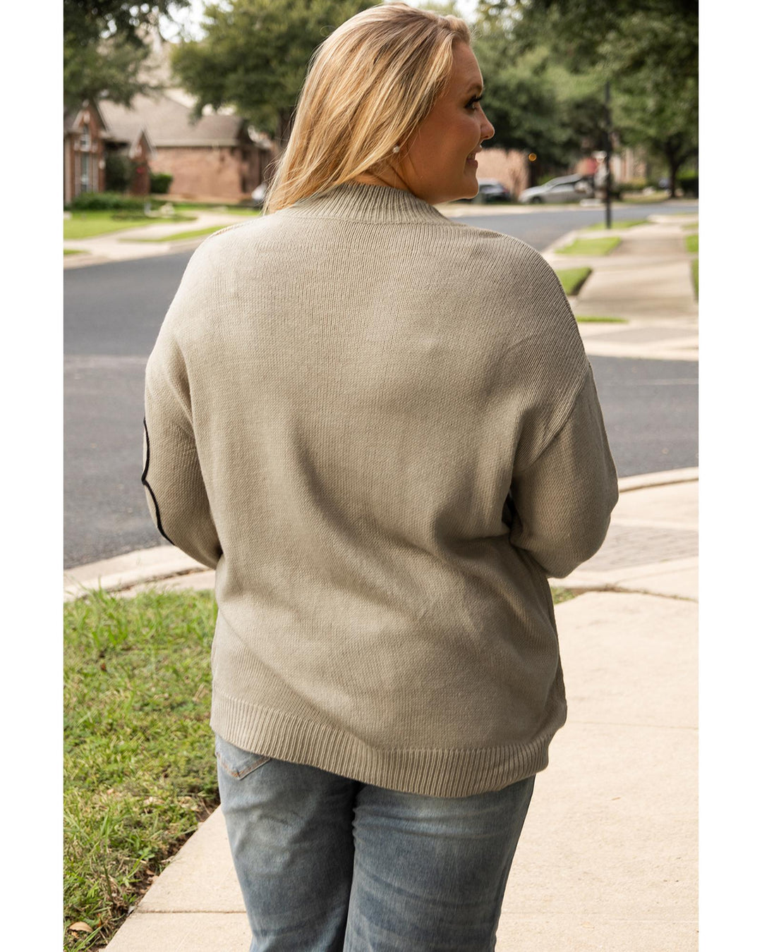 Dark Khaki Plus Size Big Flower Pattern High Neck Drop Shoulder Sweater - 4X