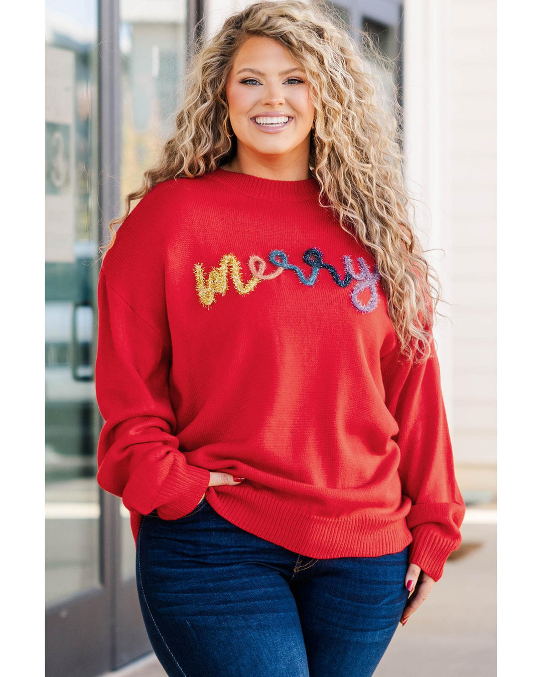 Fiery Red Tinsel merry Pattern Drop Shoulder Plus Size Sweater - 3X