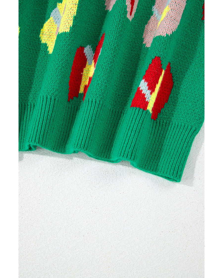 Green Plus Size Floral Knitted Ribbed Edge Drop Shoulder Sweater - 2X