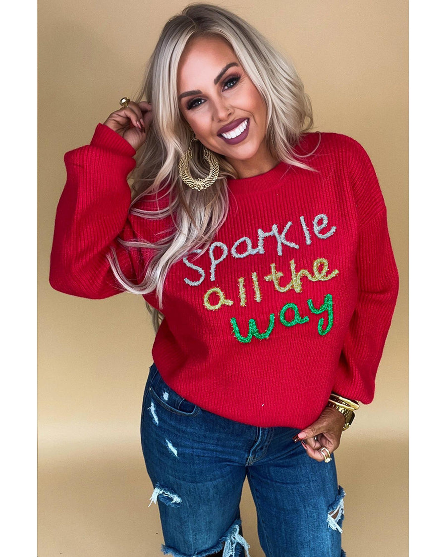 Racing Red Sparkle All The Way Tinsel Crew Neck Plus Size Sweater - 1X