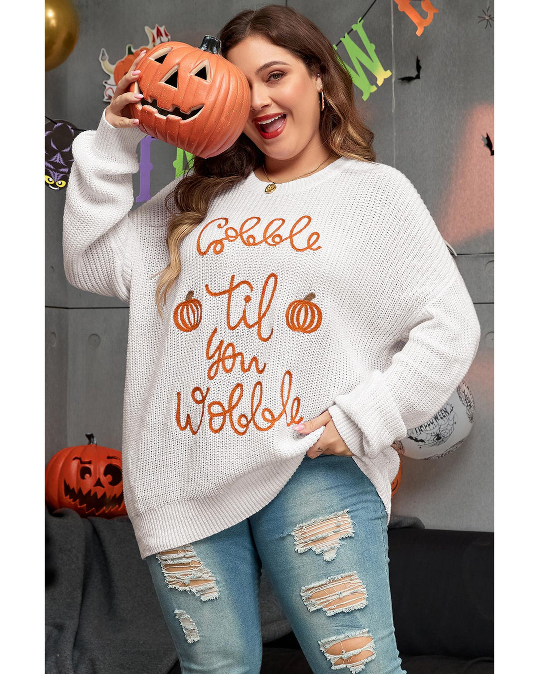 White Gobble Til You Wobble Pop Up Crochet Plus Size Sweater - 1X