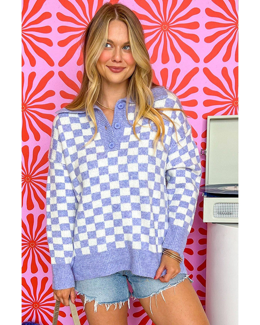 Purple Checkered Collared Buttons Plus Size Sweater - 2X