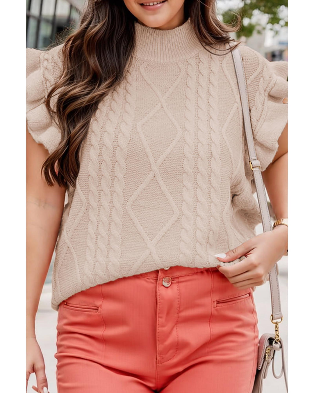 Oatmeal Plus Cable Knit Short Ruffled Sleeve Mock Neck Sweater - 1X