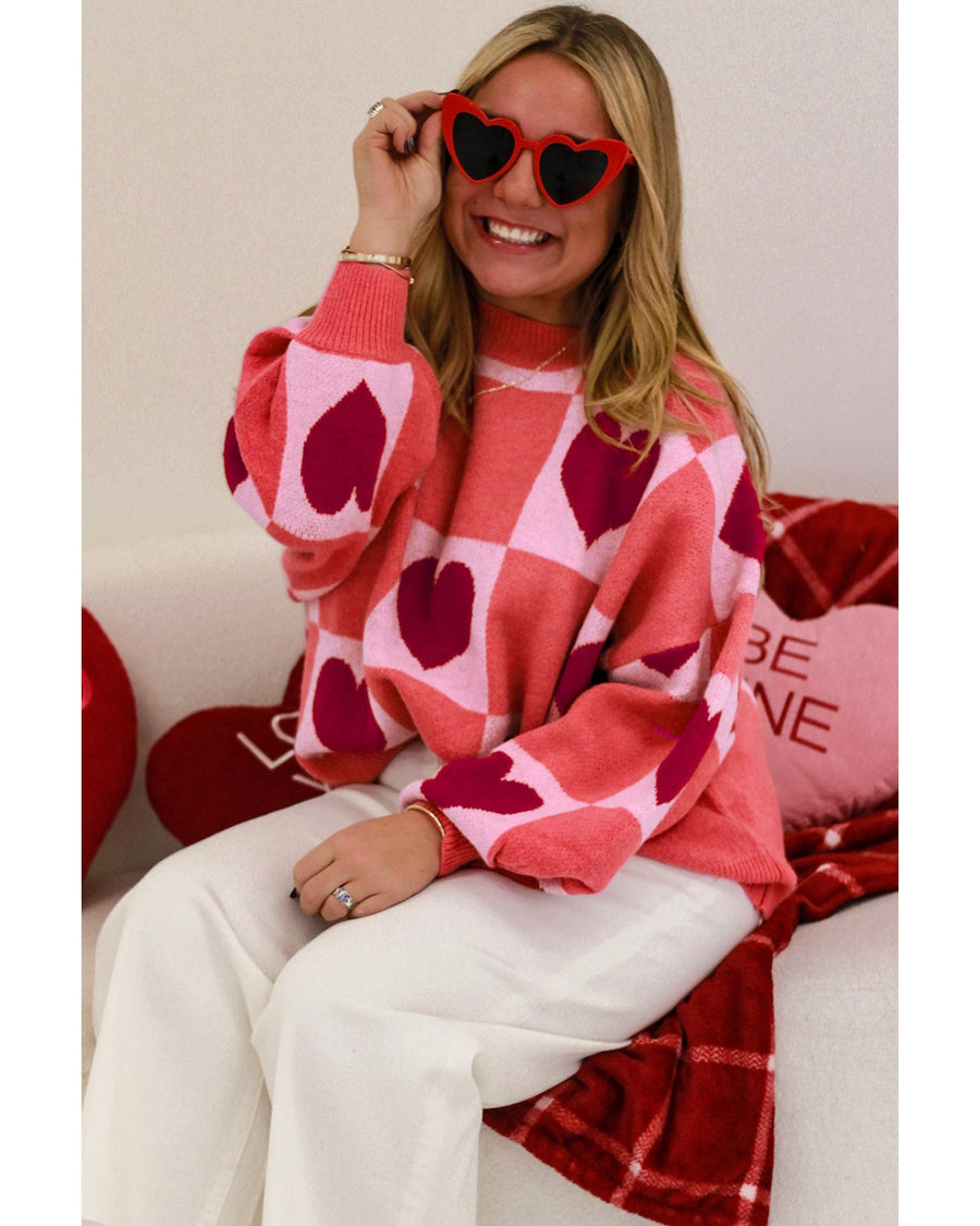 Azura Exchange Pink Plus Size Love Heart Block Mock Neck Lantern Sleeve Valentine Sweater - 2X