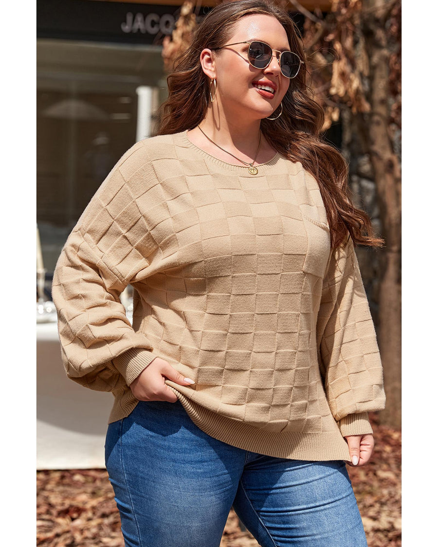 Light French Beige Solid Checkered Textured Knit Plus Size Sweater - 2X