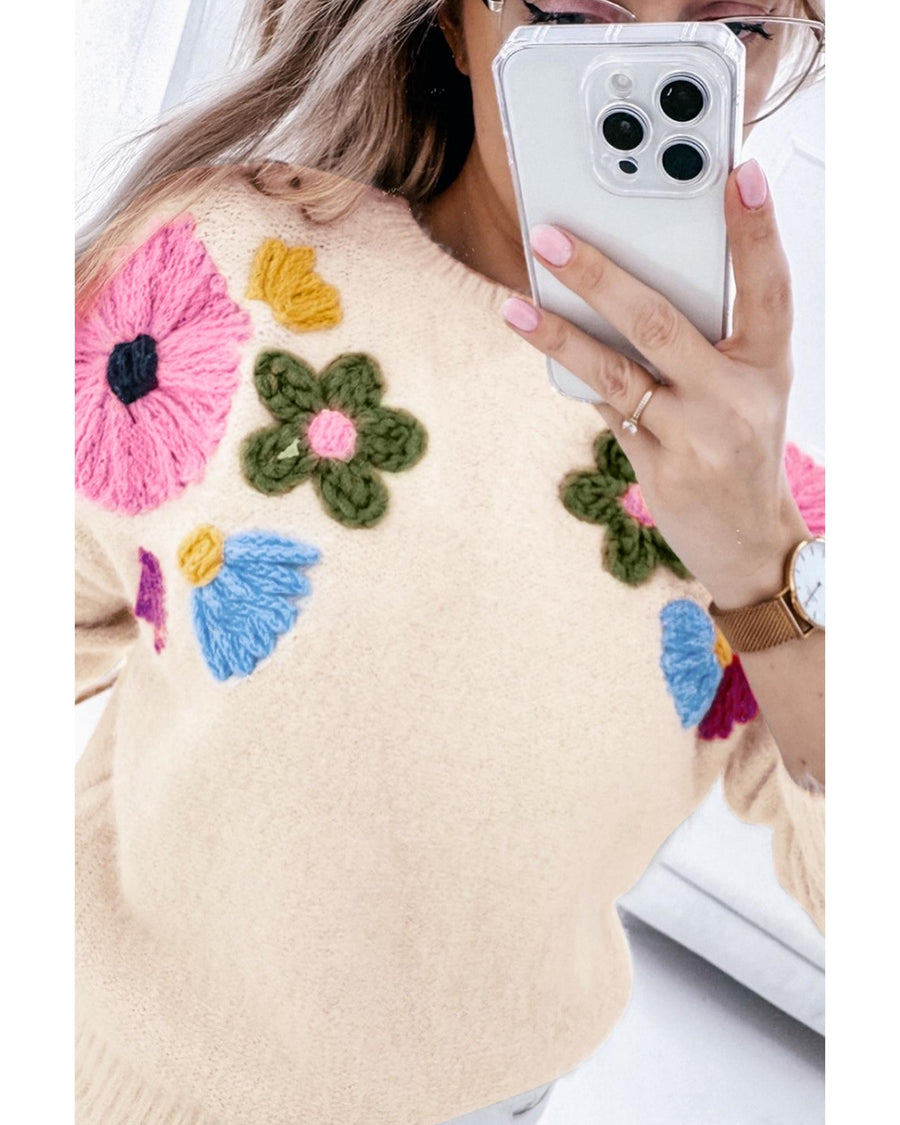 Beige Plus Size Crochet Flower Pullover Sweater - 4X
