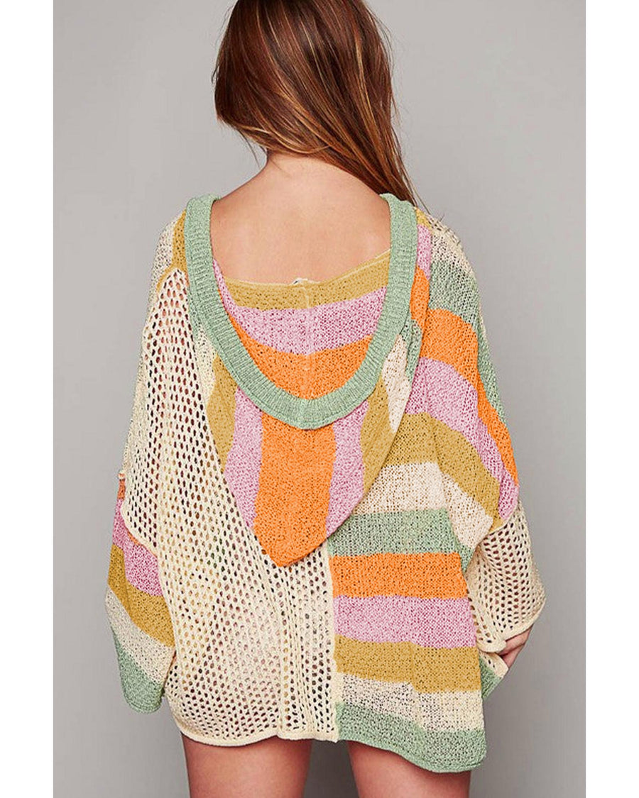 Beige Pointelle Knit Colorblock Patchwork V Neck Hooded Plus Sweater - 2X