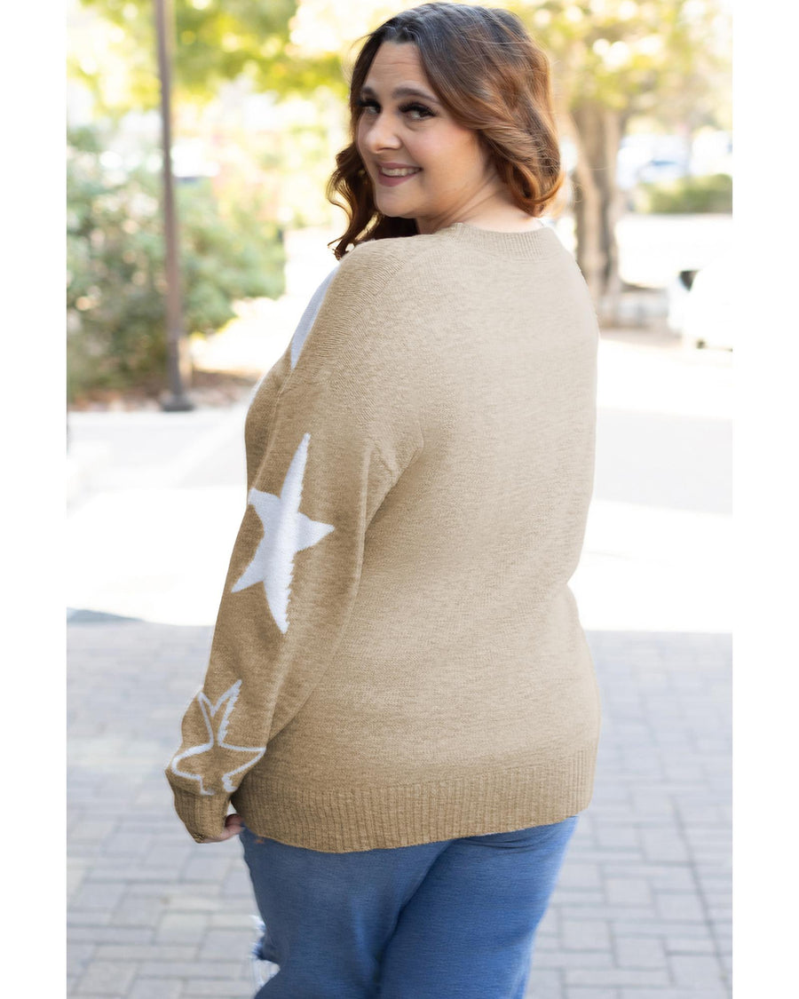 Khaki Star Pattern Drop Shoulder Plus Size Sweater - 2X