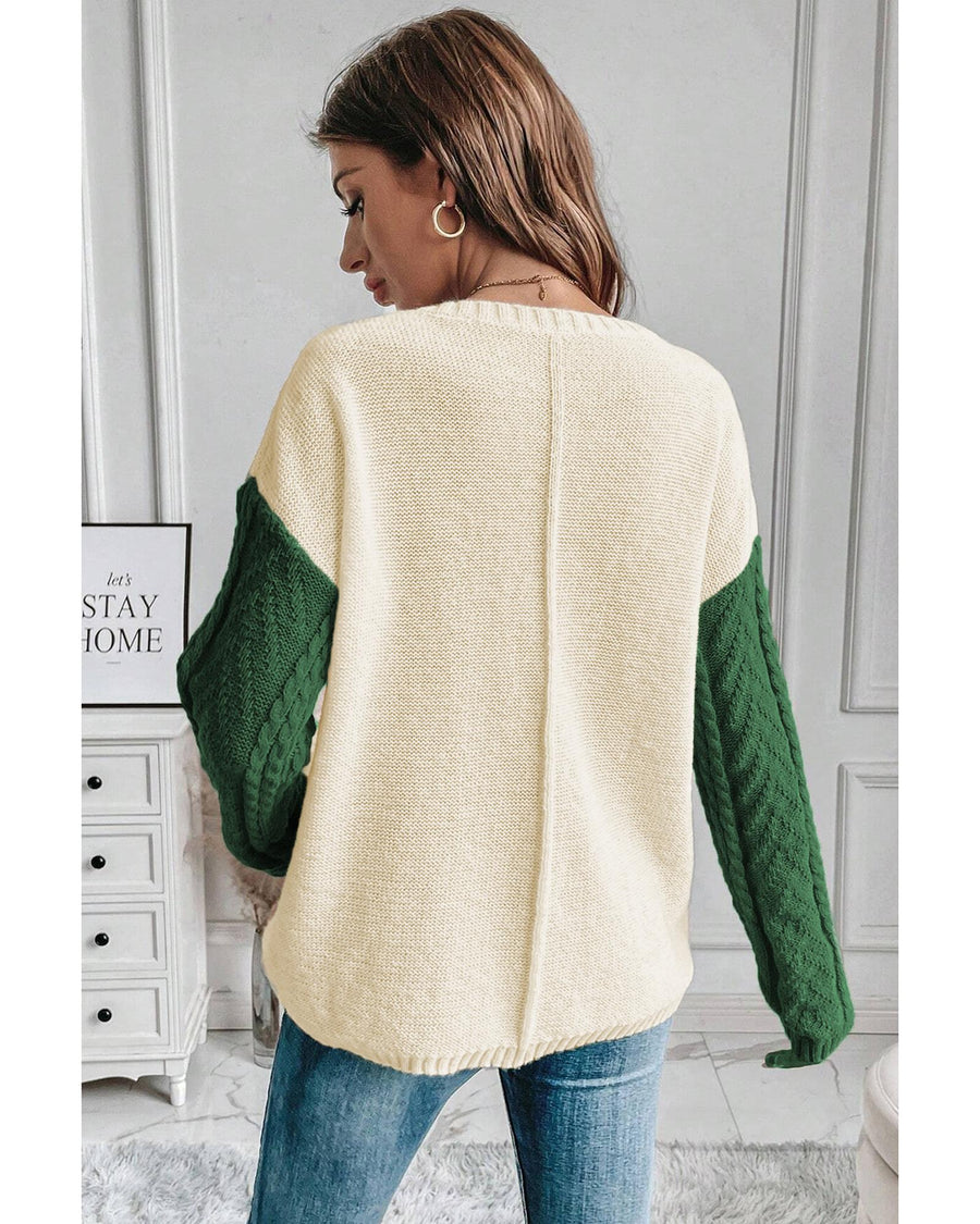 Mist Green Plus Size Cable Knit Color Block Drop Shoulder Sweater - 4X