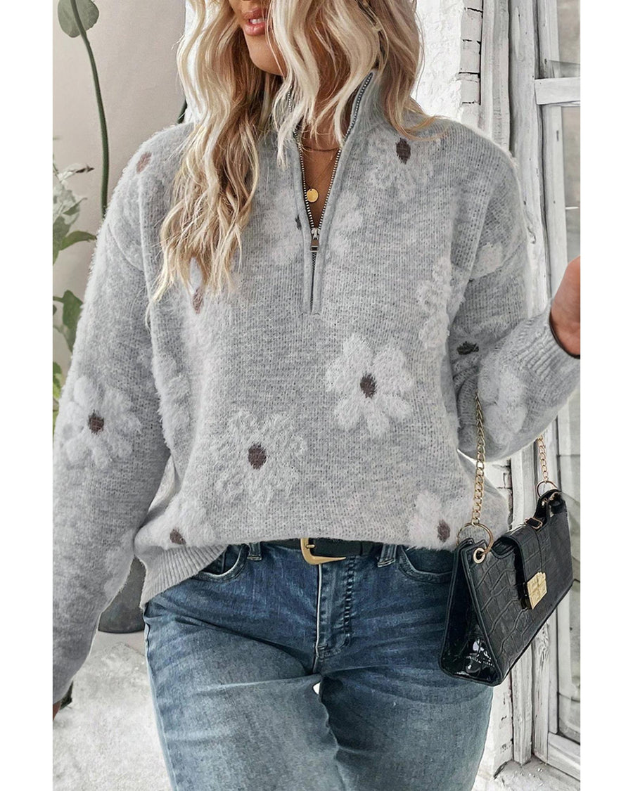 Gray Plus Size Embroidered Floral Pattern Half Zip Sweater - 1X