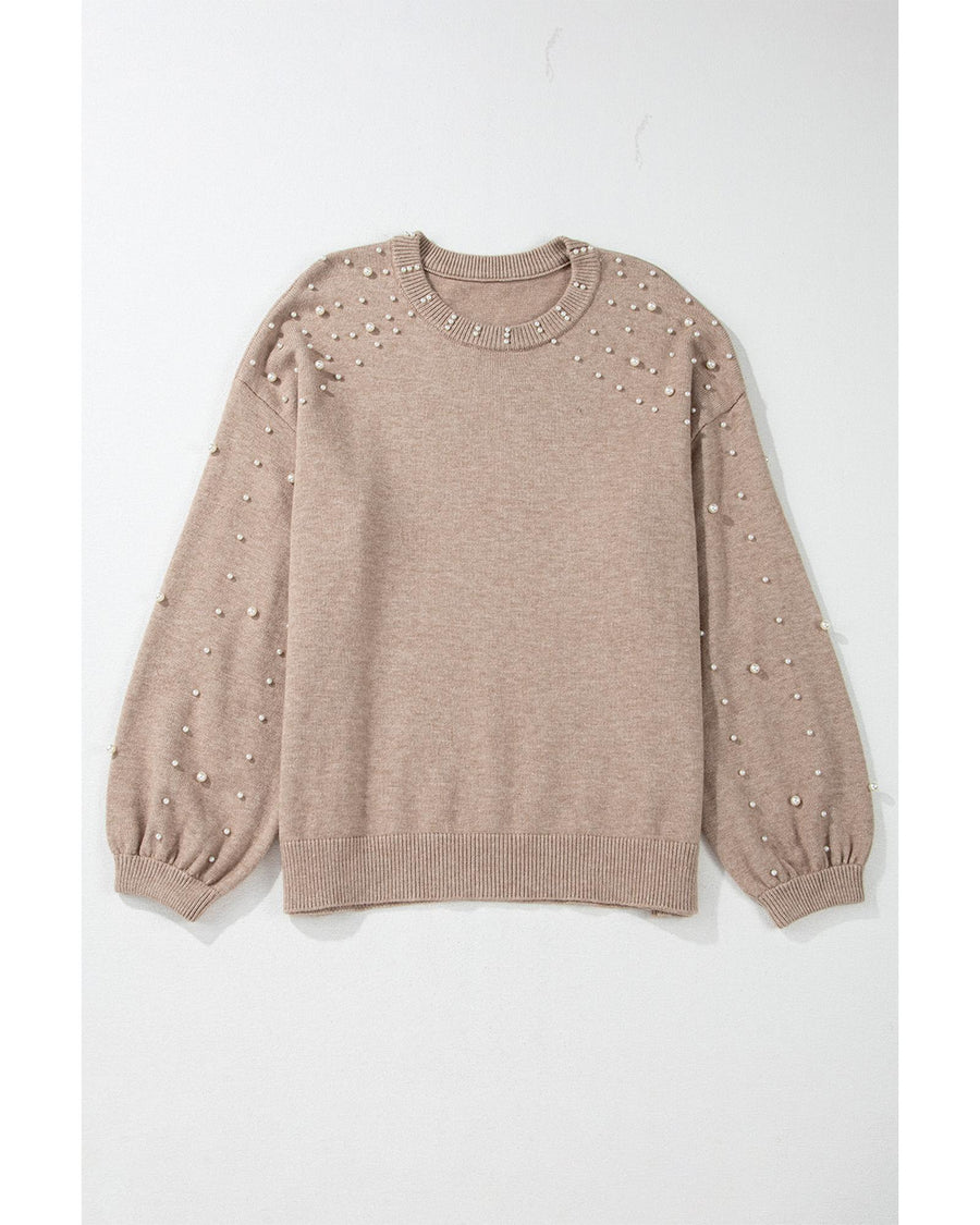 Smoke Gray Pearled Drop Shoulder Plus Size Sweater - 4X