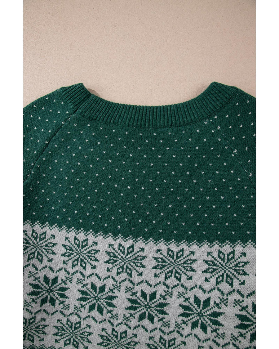 Green Christmas Snowflake Pattern Drop Shoulder Plus Size Sweater - 1X