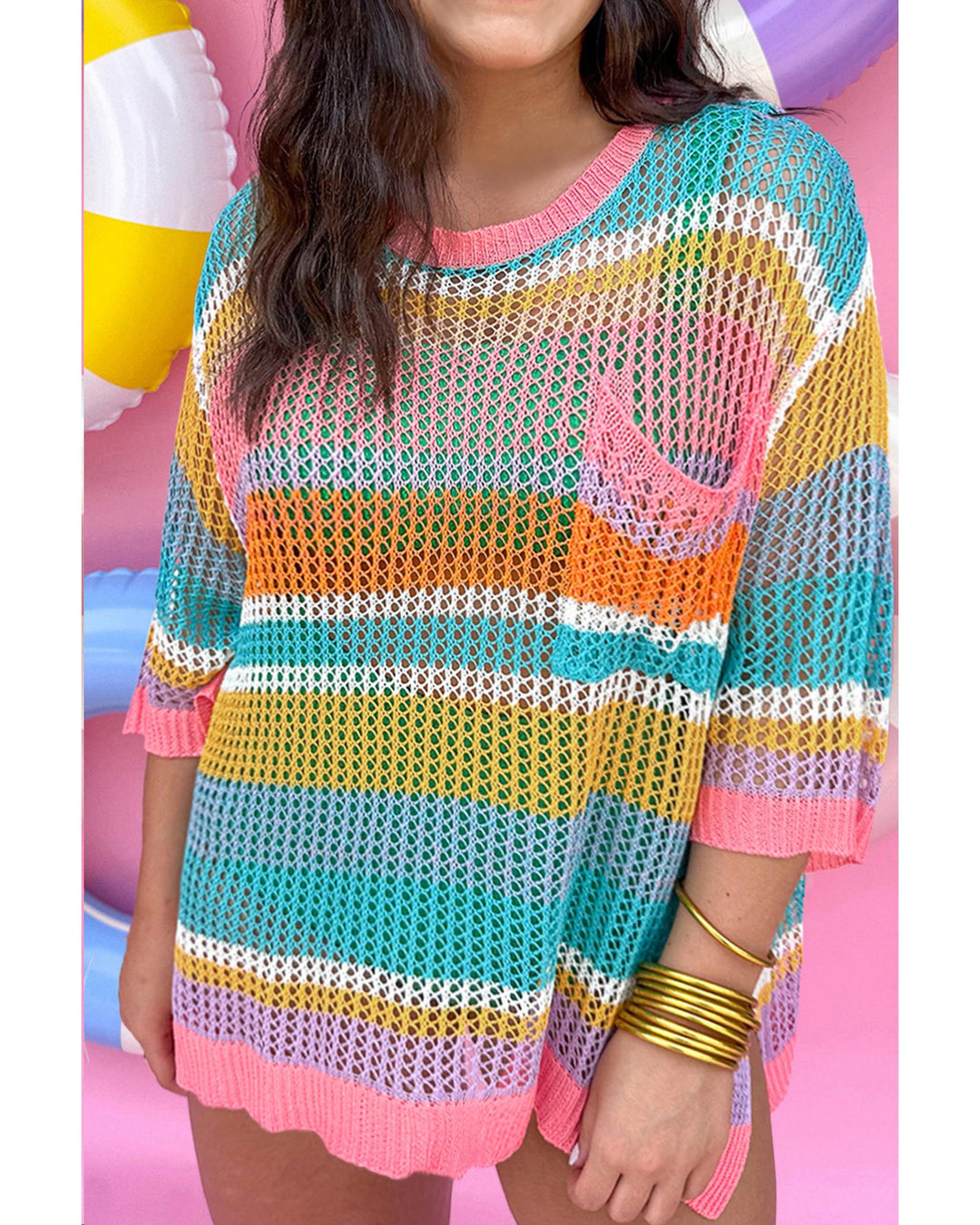 Pink Stripe Plus Size Open Knit Patch Pocket Short Sleeve Sweater - 4X