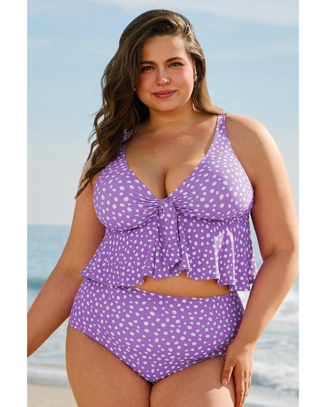 Purple Plus Size Polka Dot Print Ruffled Knotted V Neck Tankini Set - 1X