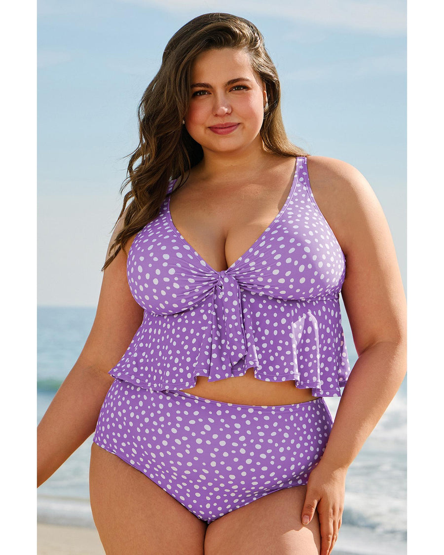 Purple Plus Size Polka Dot Print Ruffled Knotted V Neck Tankini Set - 1X