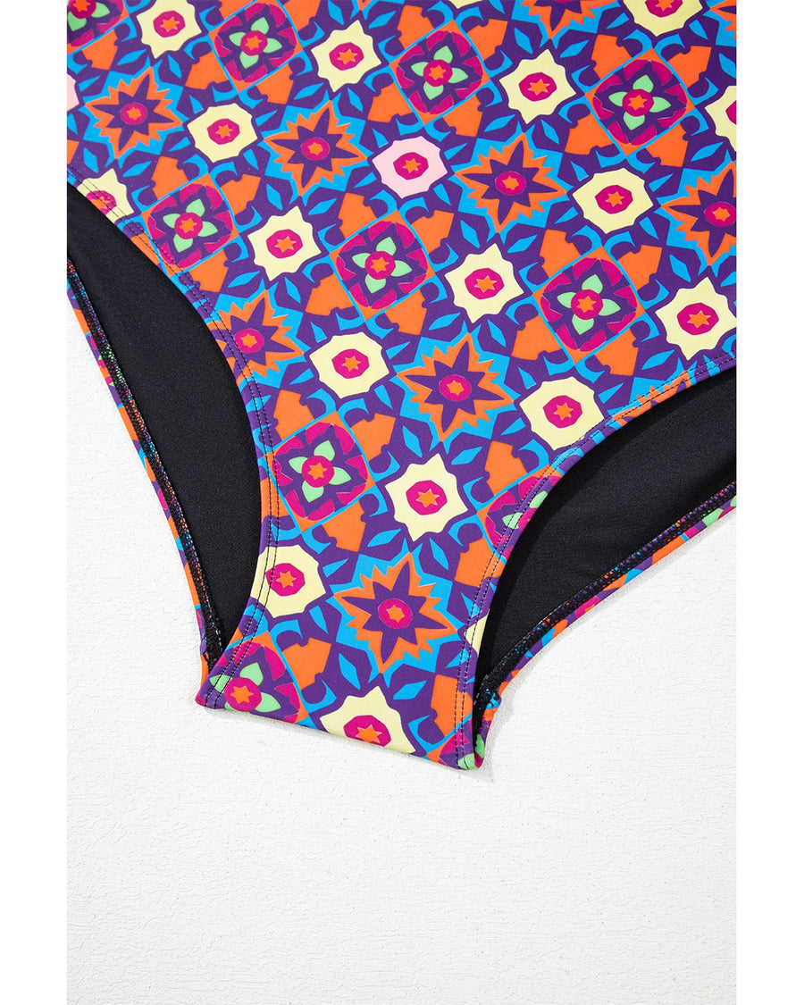 Black Drawstring Tied Front Flared Top Geometric Print Bottom Plus Size Tankinis - 2X