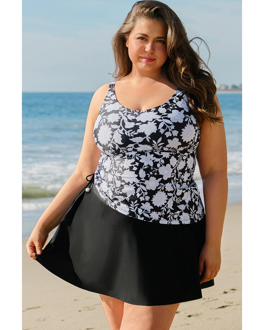 Black Plus Size Printed Square Neck Drawstring Ruffled Tankini Set - 4X