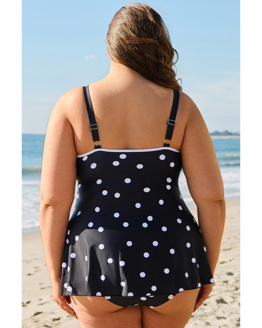 Black Polka Dot Trim V Neck Plus Size Swim Dress - 1X