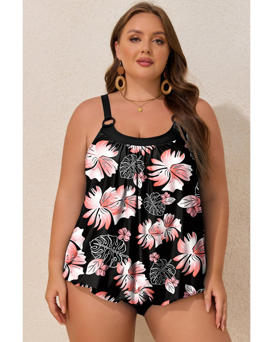 Black 2pcs Plus Size Wide Strap Floral Top Tankini Set - 3X