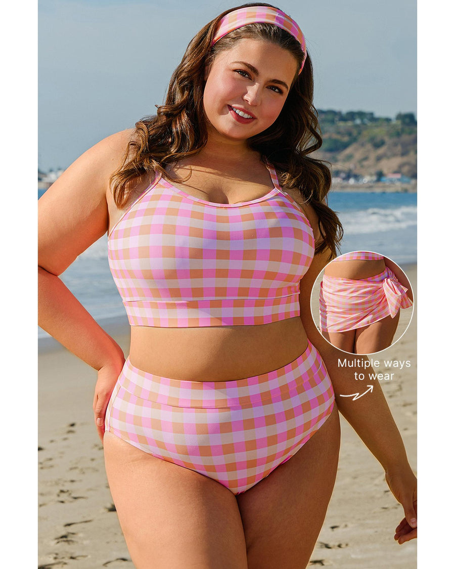 Pink Plus Size Plaid Print High Waist Bikini Set - 1X