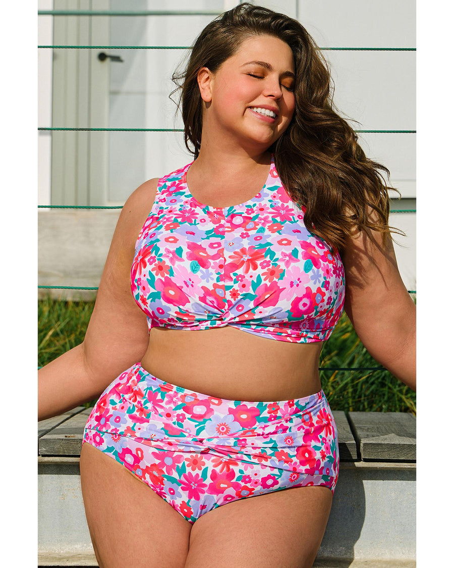 Rose Plus Size Floral Print Twisted High Waist Bikini Set - 1X