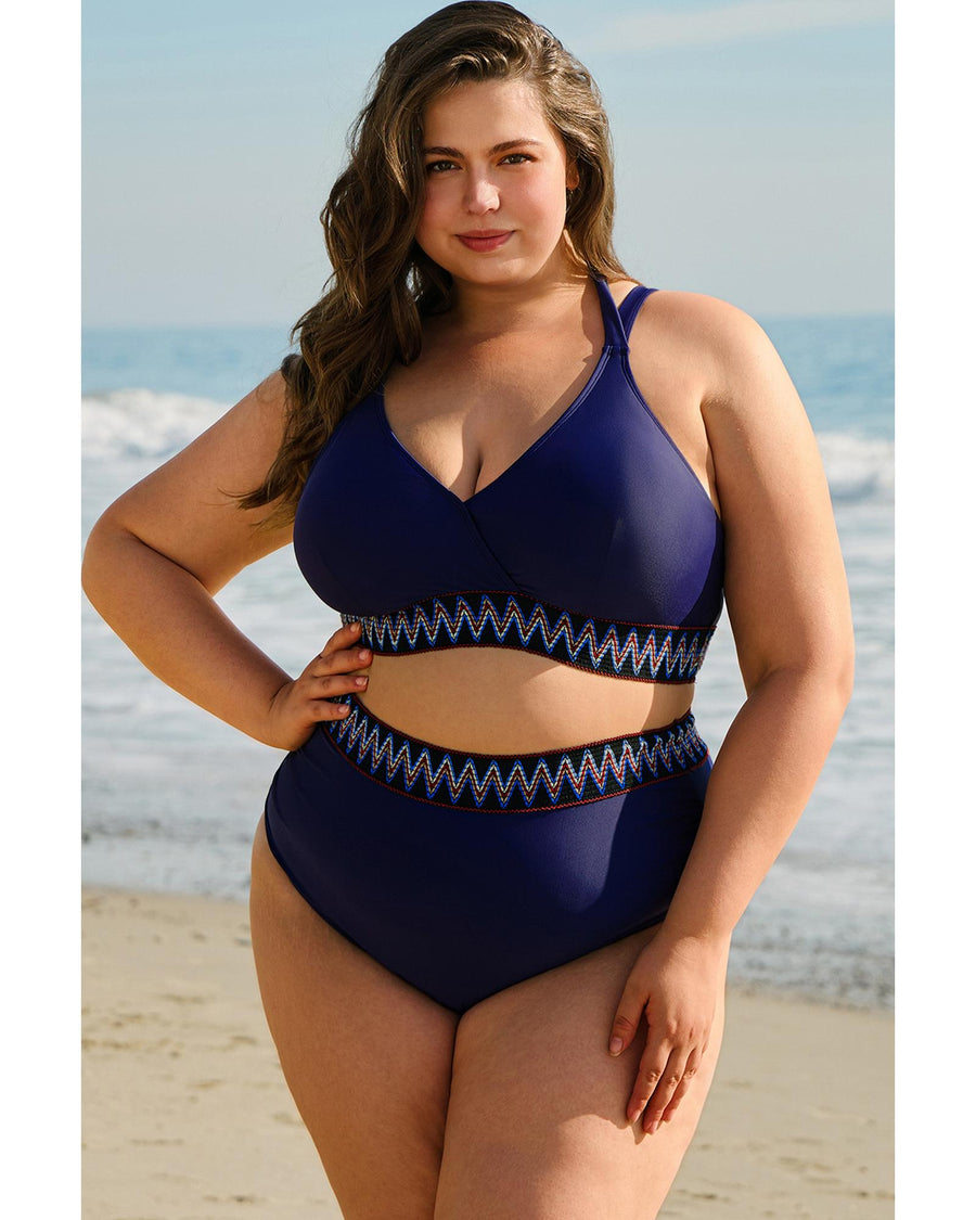 Navy Blue Embroidered Trim Wrap Tie Knot Plus Size High Waisted Bikini - 1X