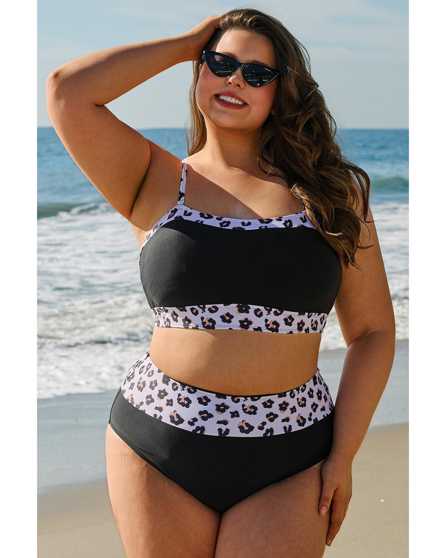 Black 2pcs Leopard Patchwork Plus Size High Waisted Swimsuit - 4X