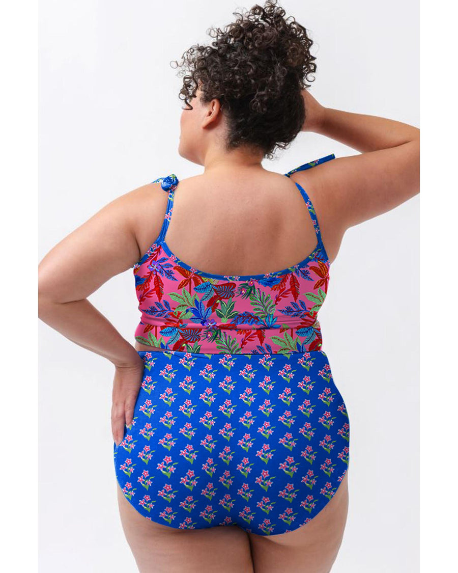 Blue Fashion Print Tied Straps Crop Vest and High Waist Plus Size Bikini - 2X
