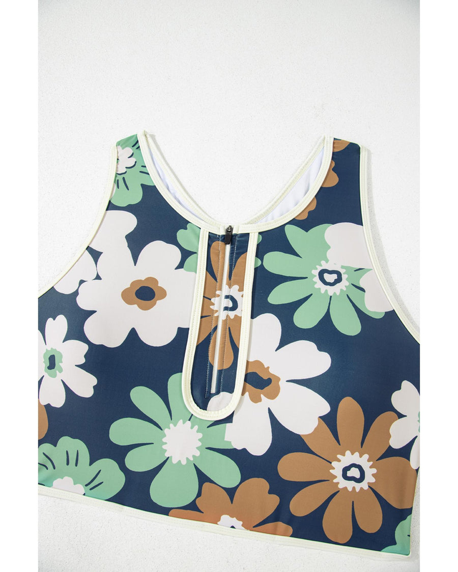 Green Floral Printed Zipped Plus Size Two Pieces Bikini - 1X