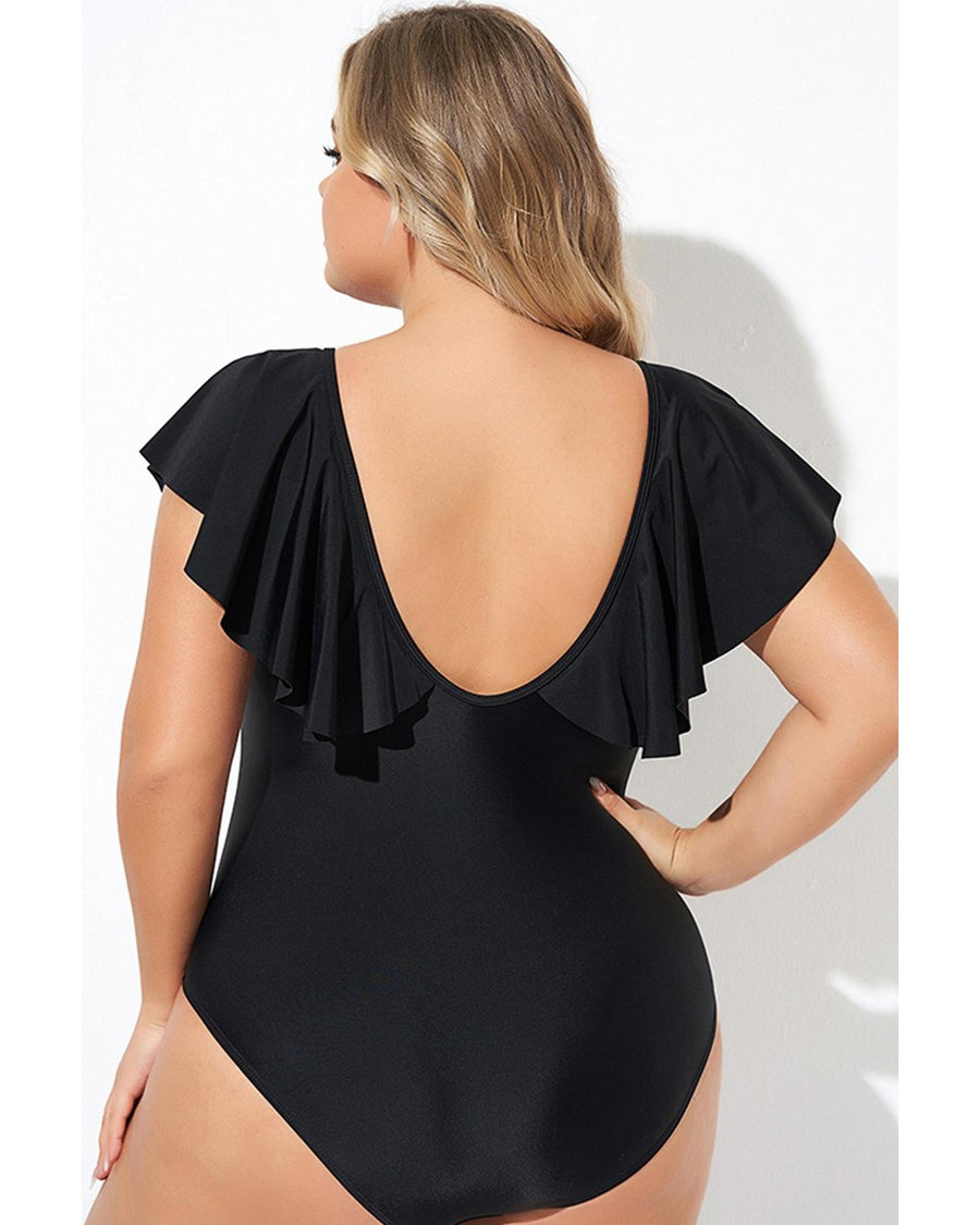 Black Ruffled Sleeve Lace-up V Neck Plus Size One Piece Swimsuit - 4X