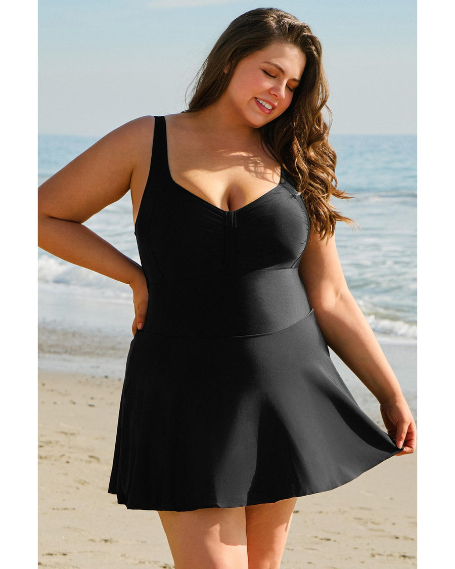 Black Plus Size Solid Pleated Ruffled One Piece Swim Dress - 2X