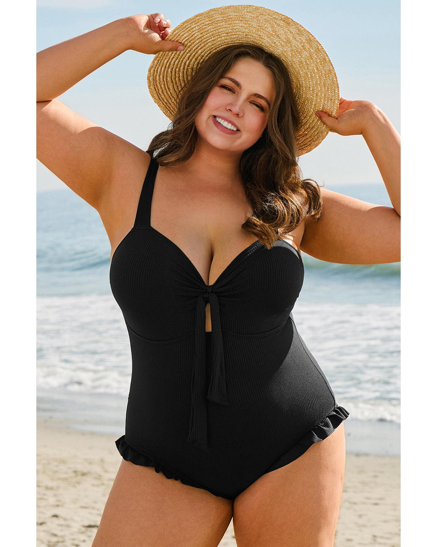 Black Plus Size Textured Knotted Ruffled Trim One Piece Swimwear - 4X